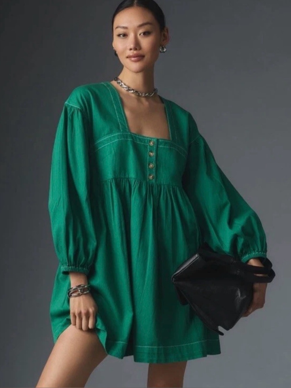 Anthropologie XL Long-Sleeve Kelly Green Square-Neck Denim Babydoll Mini Dress